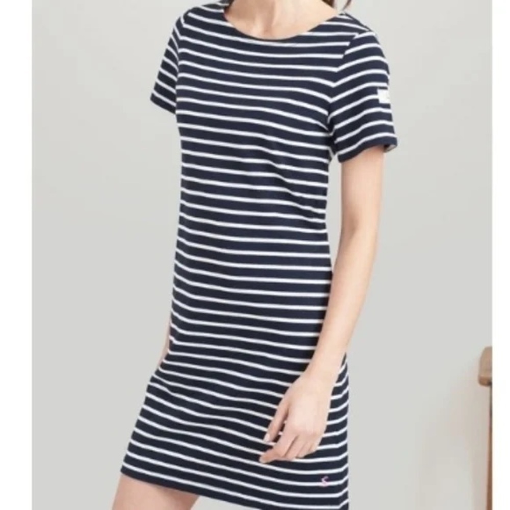 Joules Riviera Navy White Stripe Jersey Dress Women’s Crew Neck Preppy Size 8